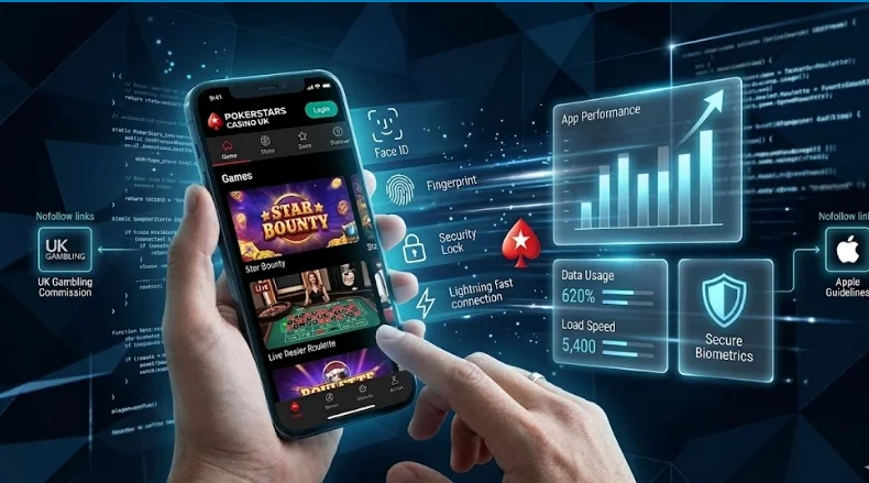 PokerStars Casino UK mobile app interface displayed on smartphone with biometric security icons, performance analytics dashboard and UK Gambling Commission badge