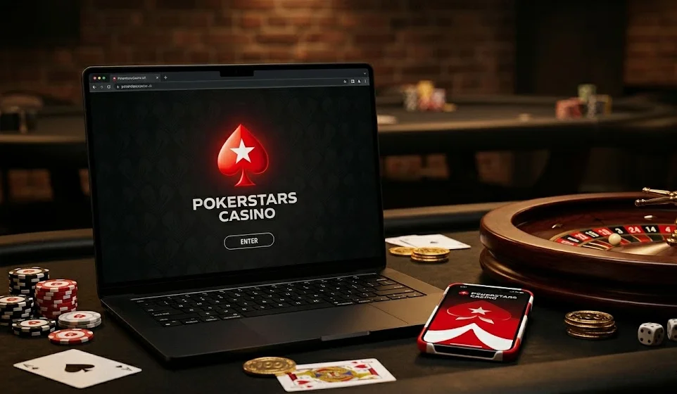 A laptop and a smartphone displaying the PokerStars Casino logo are arranged on a dark table with a roulette wheel, chips, and playing cards against a background of blurred poker tables.