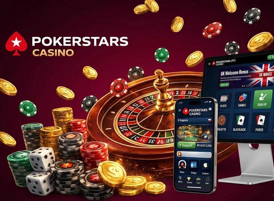 A promotional image for PokerStars Casino displays a desktop monitor and a smartphone showcasing the platform's games and a UK welcome bonus, surrounded by a roulette wheel, playing cards, dice, and floating gold coins against a deep red background.