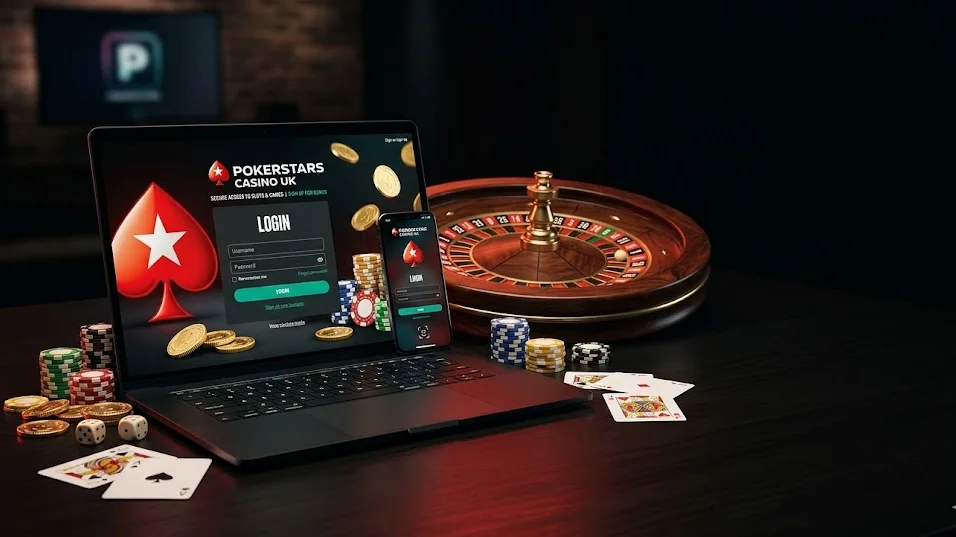 A laptop and a smartphone displaying the PokerStars Casino UK login page sit on a dark wooden table surrounded by poker chips, playing cards, dice, gold coins, and a wooden roulette wheel.