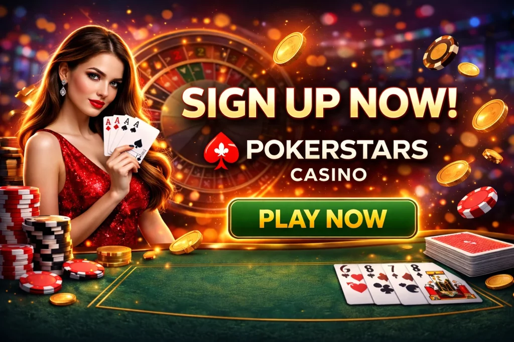 PokerStars Casino sign-up banner with woman holding four aces, glowing “Sign Up Now” text, green “Play Now” button, poker chips, coins, and roulette background