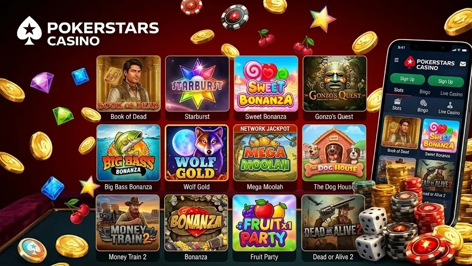 A smartphone displaying the PokerStars Casino app is positioned next to an array of 12 popular slot game titles, including Book of Dead, Starburst, and Gonzo's Quest, surrounded by scattered gold coins and poker chips on a dark surface.