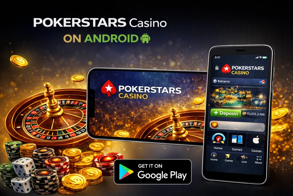 Horizontal PokerStars Casino Android app banner featuring two smartphones, a roulette wheel, poker chips, gold coins, and a Google Play download badge.