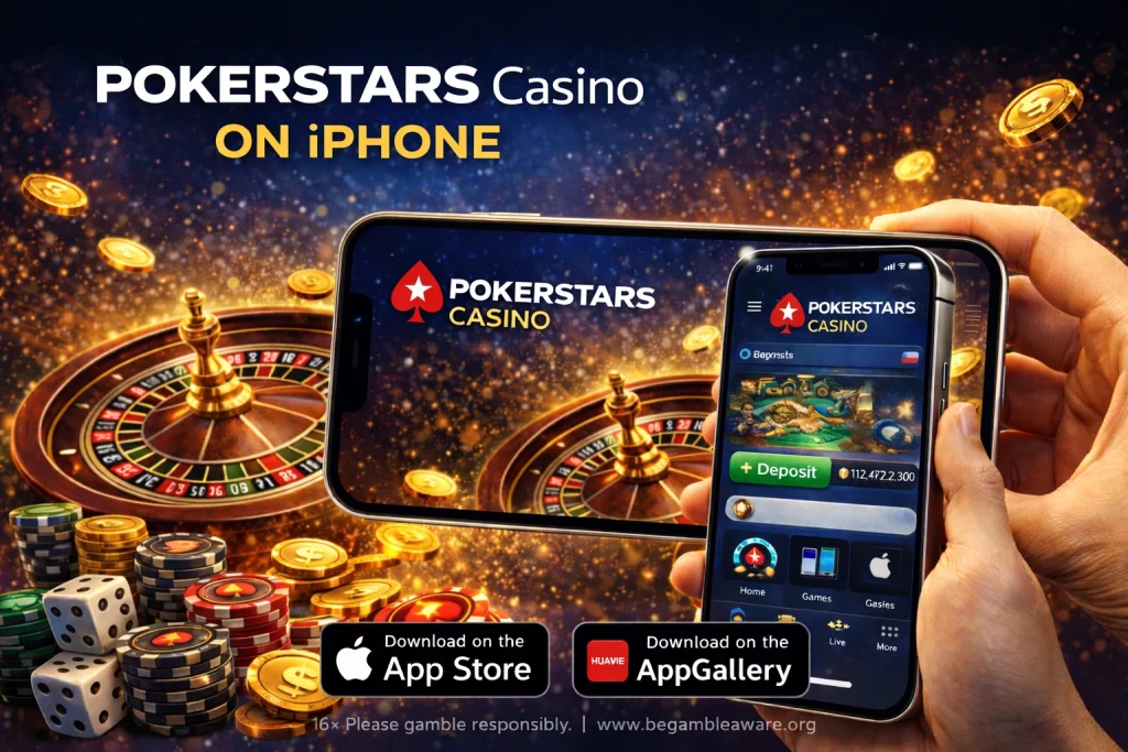 Horizontal PokerStars Casino on iPhone banner featuring two iPhones (landscape and portrait), a roulette wheel, poker chips, dice, floating gold coins, and download buttons for the App Store and AppGallery.
